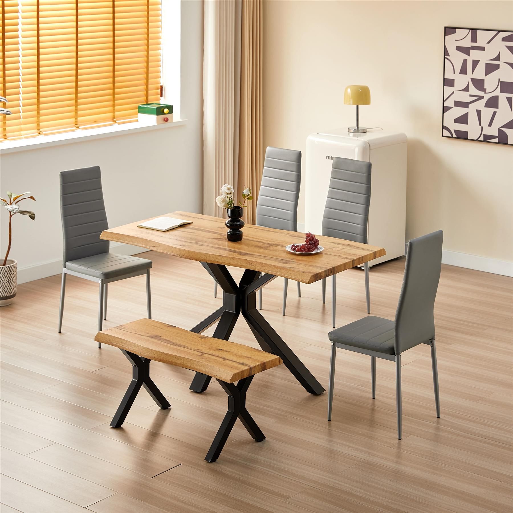 Brown Wooden Dining Table X-Shaped Legs with 4 Grey Chairs and Bench