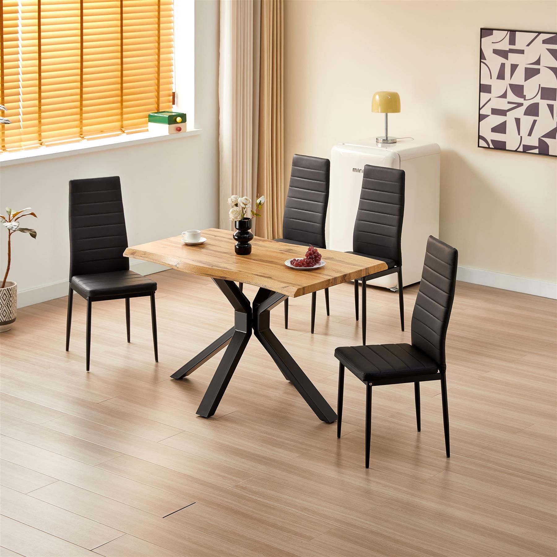 Brown Wooden Dining Table X-Shaped Legs with 4 Black Leather Chairs