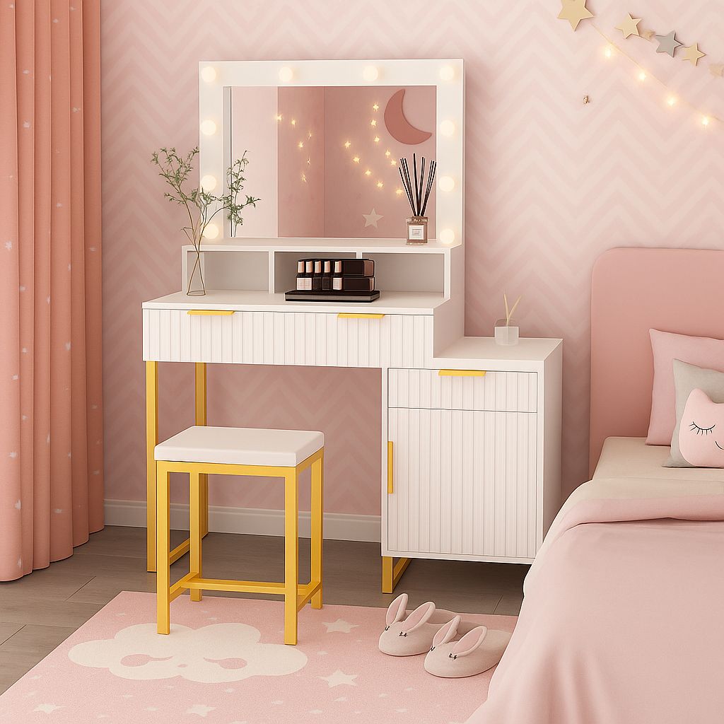 Dressing Table Set with Bulb Lights Mirror, Storage Cabinet and Stool