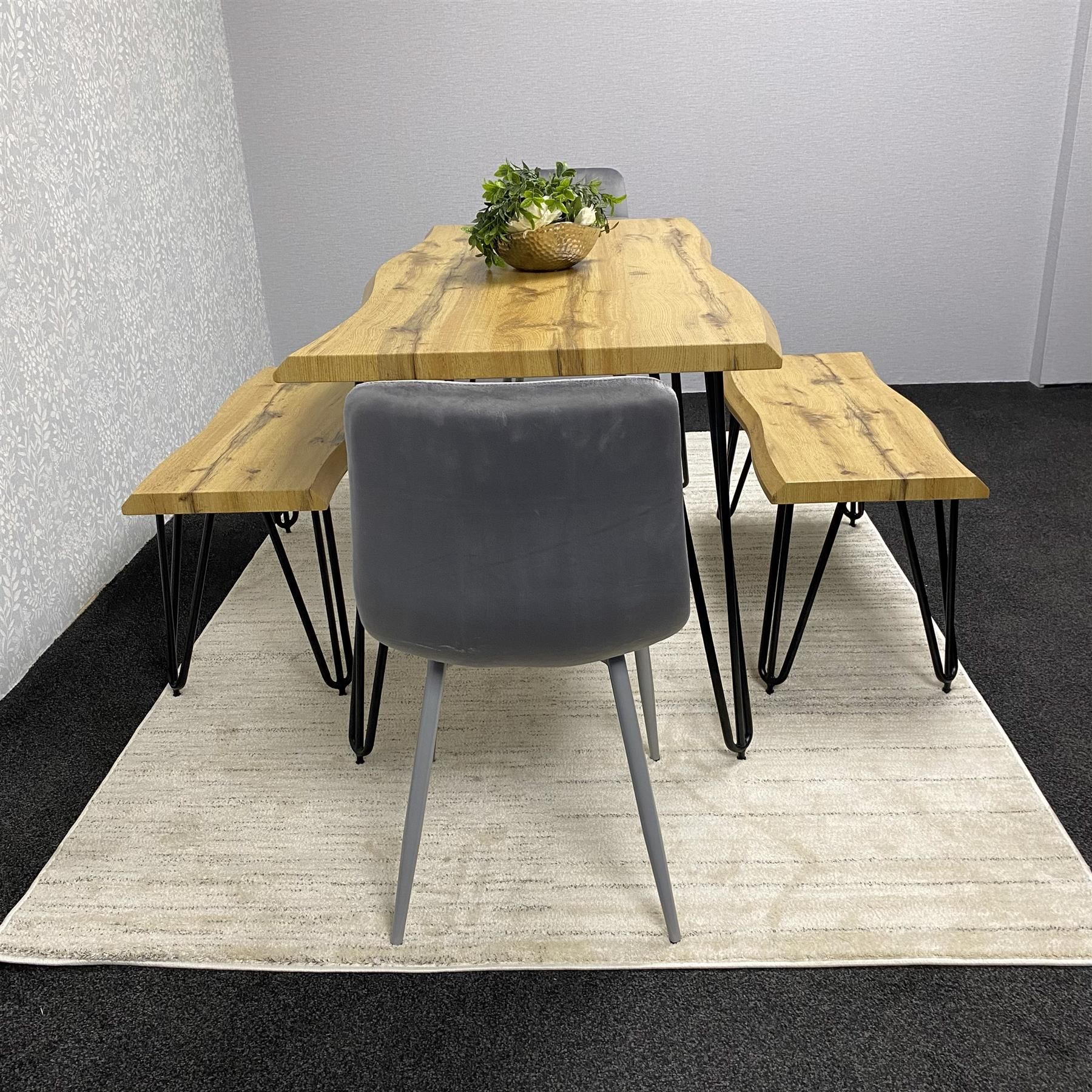 Brown Wooden Dining Table with 2 Grey Chairs and 2 Benches - Dining Kitchen Room Furniture