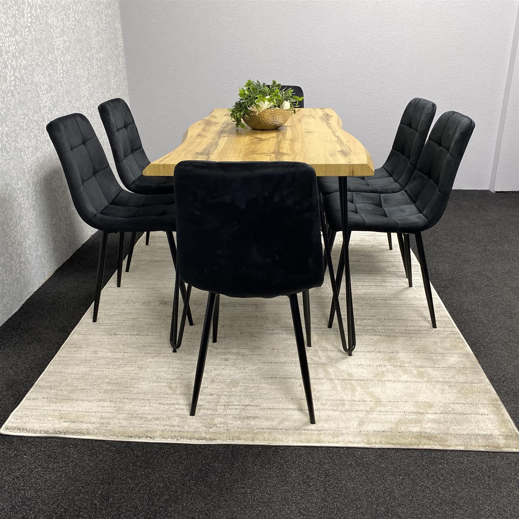 Wooden Dining Table and 6 Black Velvet Chairs - Stylish Dining Room Furniture