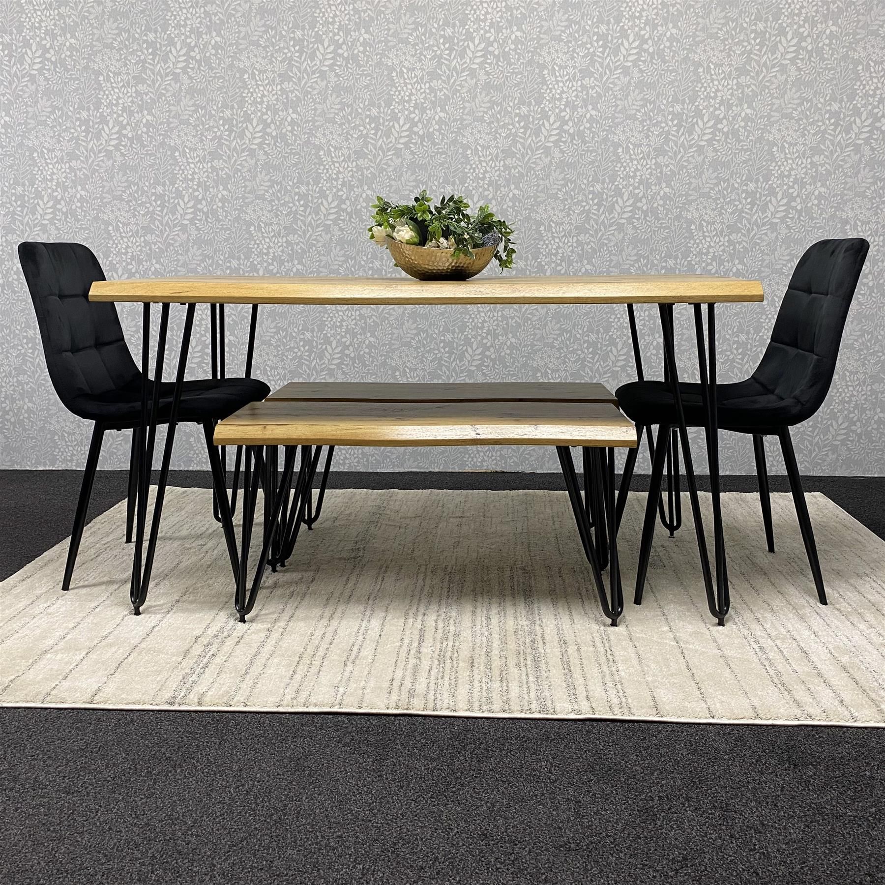 Wooden Dining Table with 2 Black Benches and Velvet Chairs, Furniture
