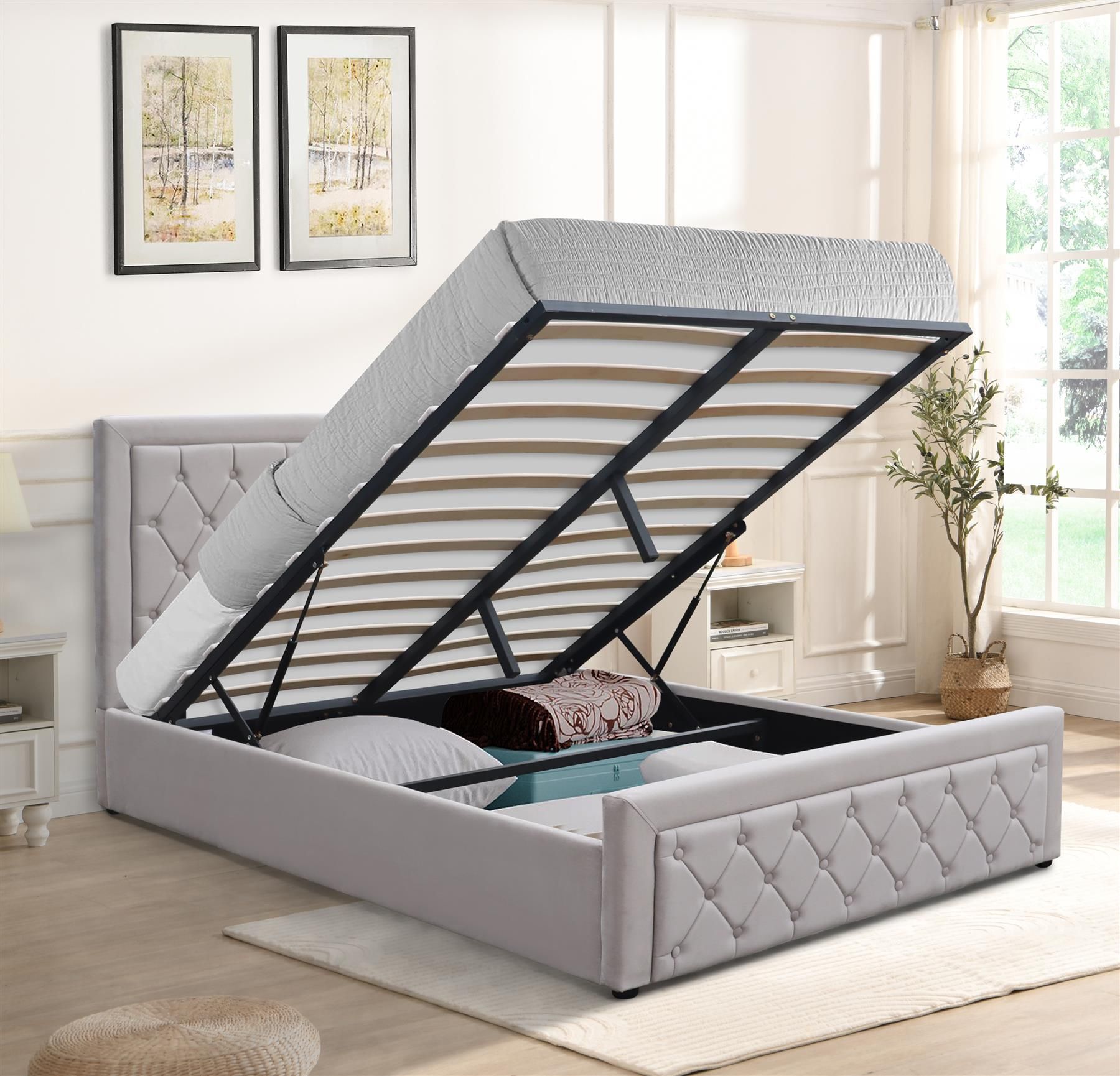 Ottoman Storage Gaslift Bed 4ft Small Double Grey Velvet Bedroom Furniture