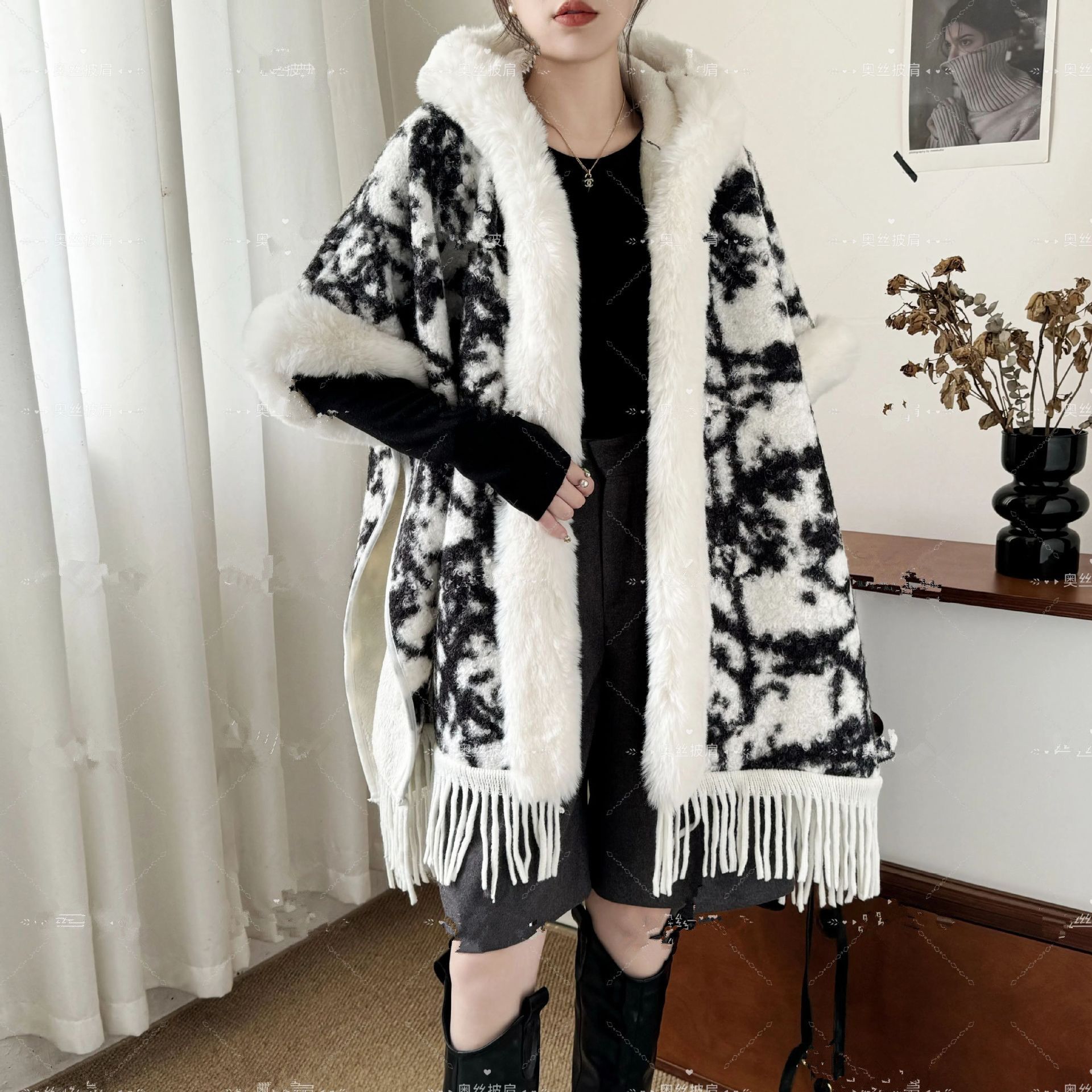 Monochrome Patterned Winter Cape with Fringe