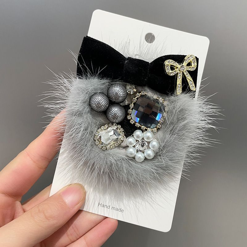 Faux Fur Brooch with Velvet Bow and Gems