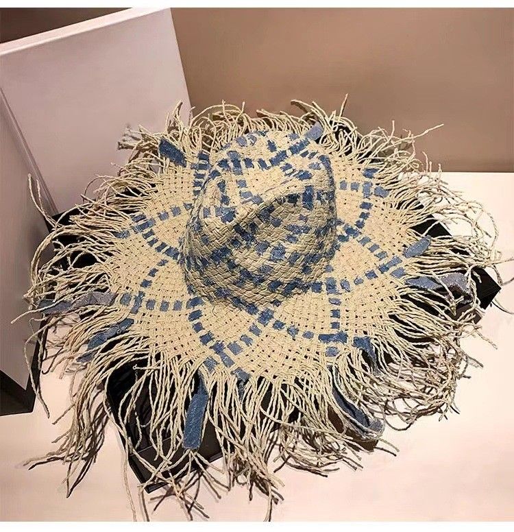 Denim Fringe Details Straw Hat