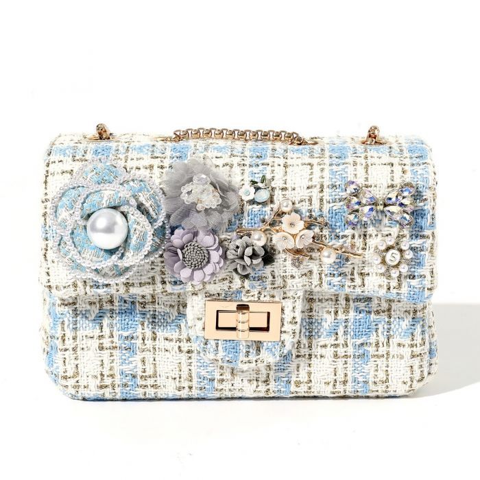 Blue White Tweed Bag with Pearl and Flowers Accents