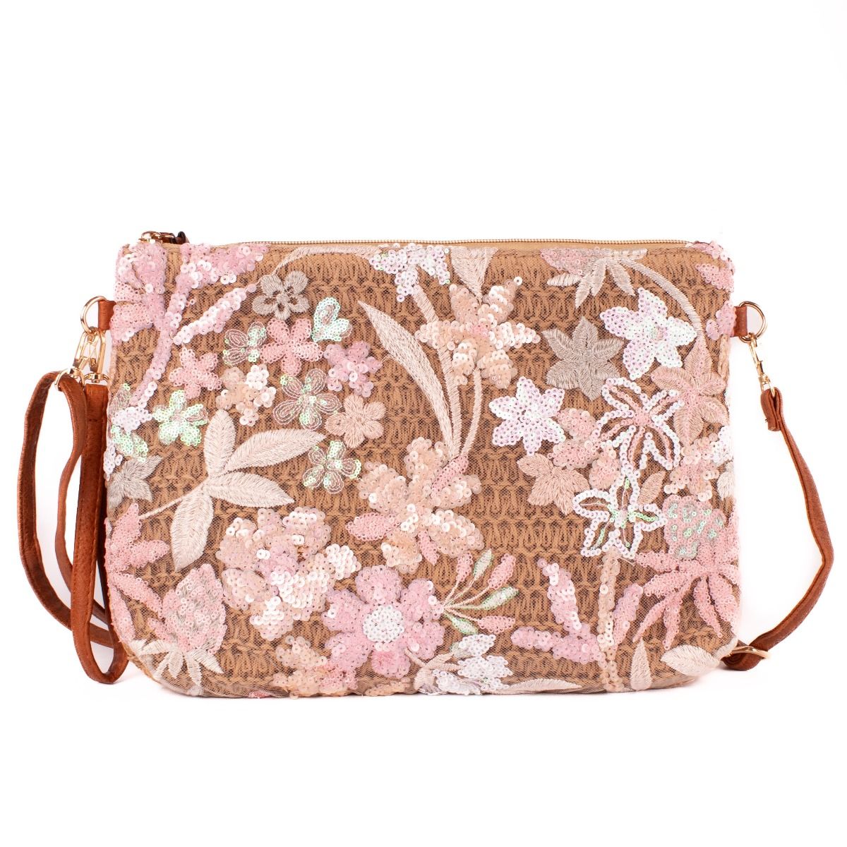Textured Straw Clutch with Sequins Flowers