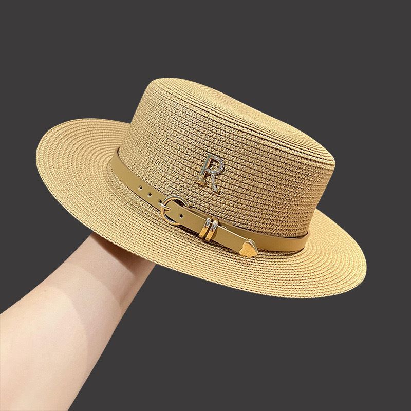 Gold R Accent & Buckle Detail Straw Hat