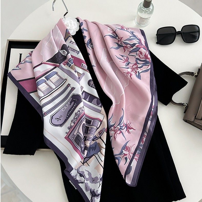 Pink Parisian Charm Cafe and Floral Print Neck Silk Scarf
