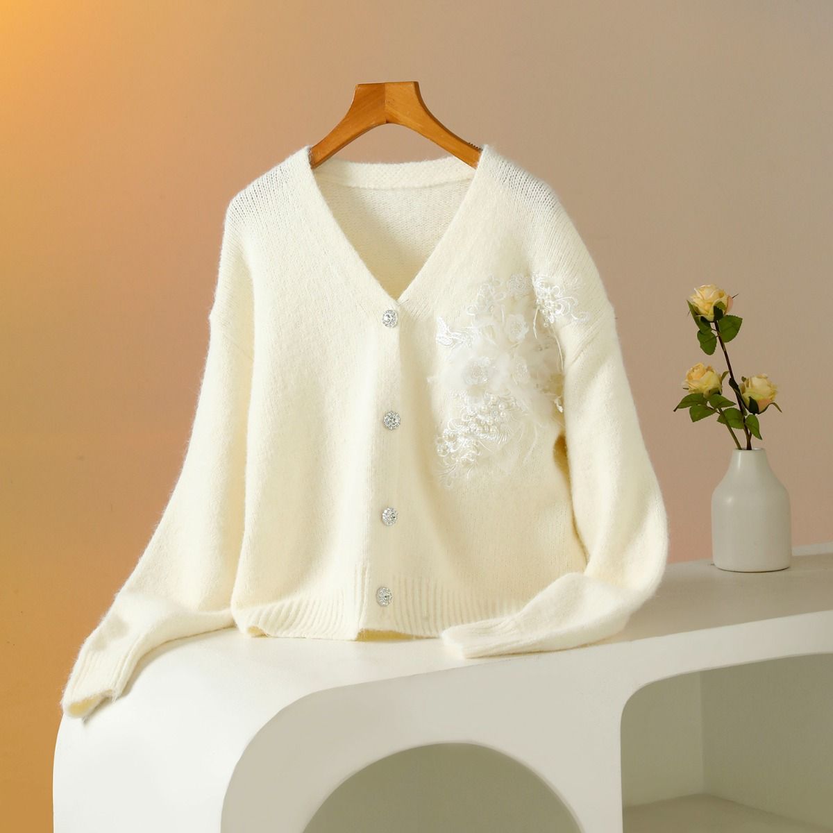 Delicate Floral Accent V Neck Cardigan