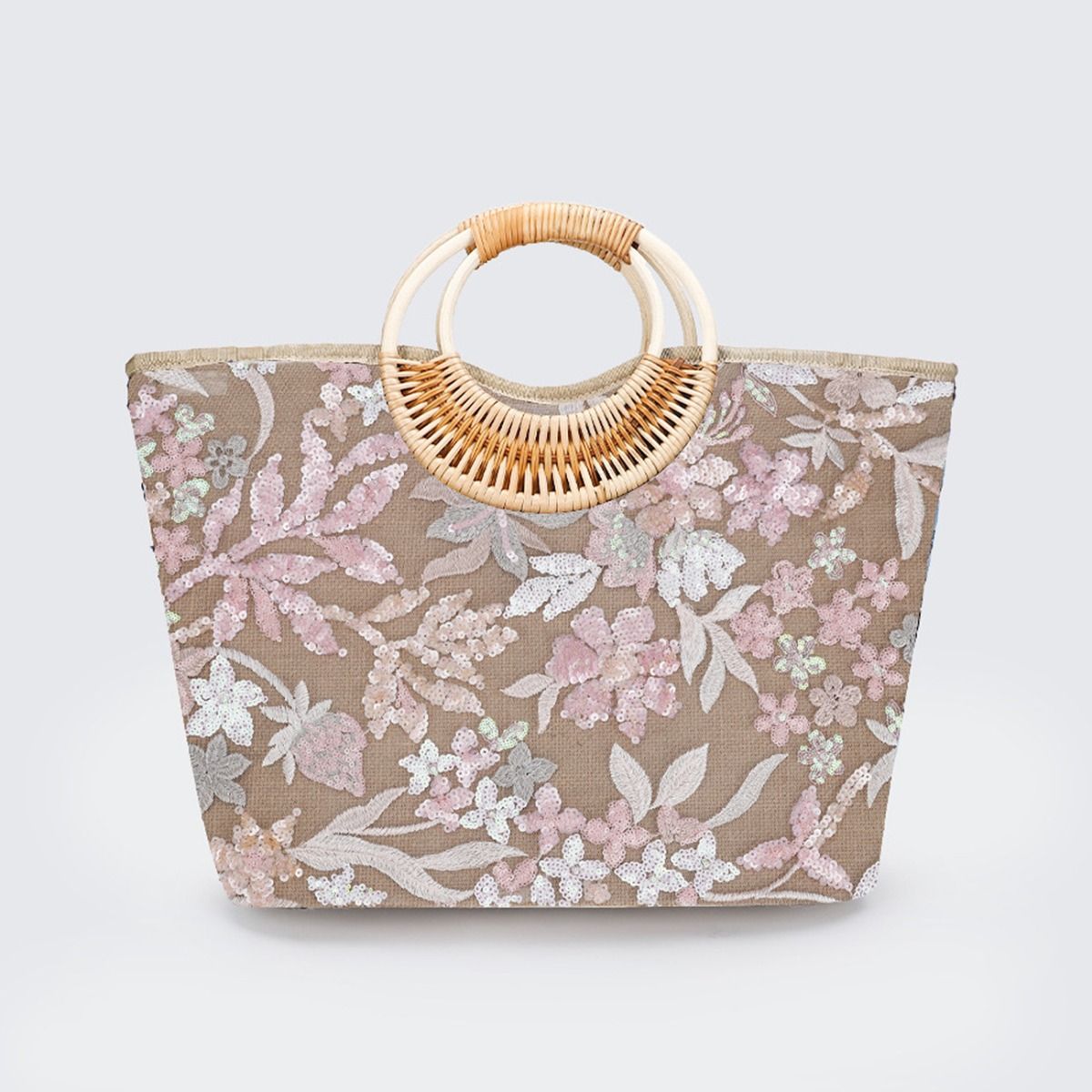 Pink Sequins Flowers Handbag with Bamboo Handles