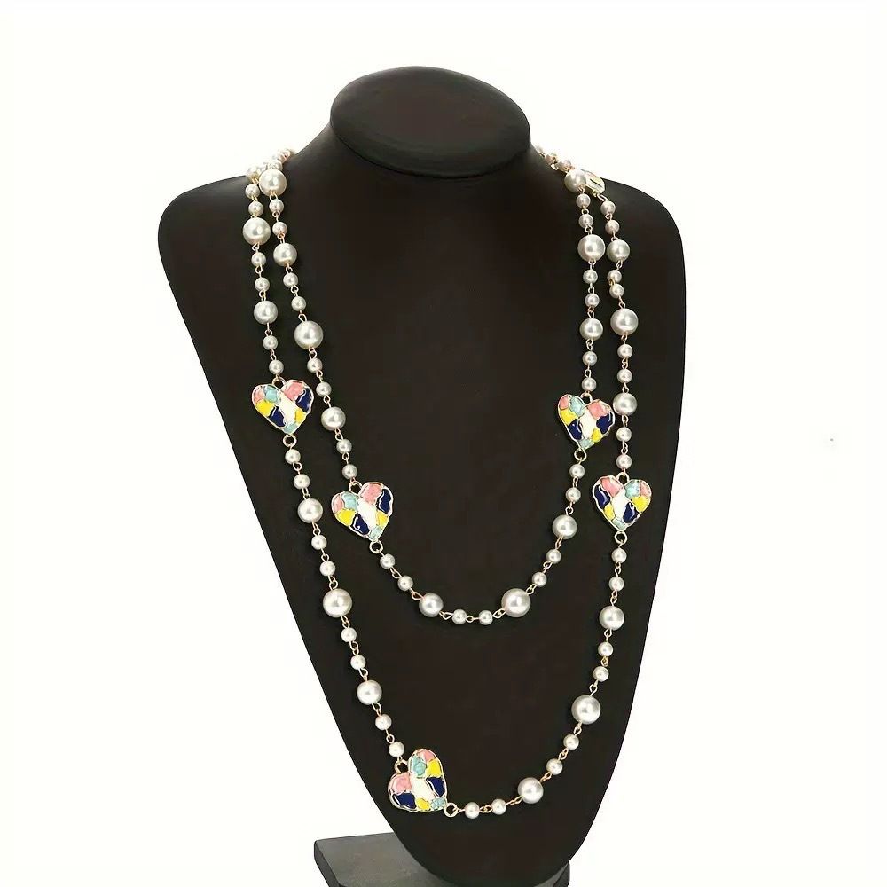 Playful Pearlies and Enamel Heart Long Necklace in Ivory