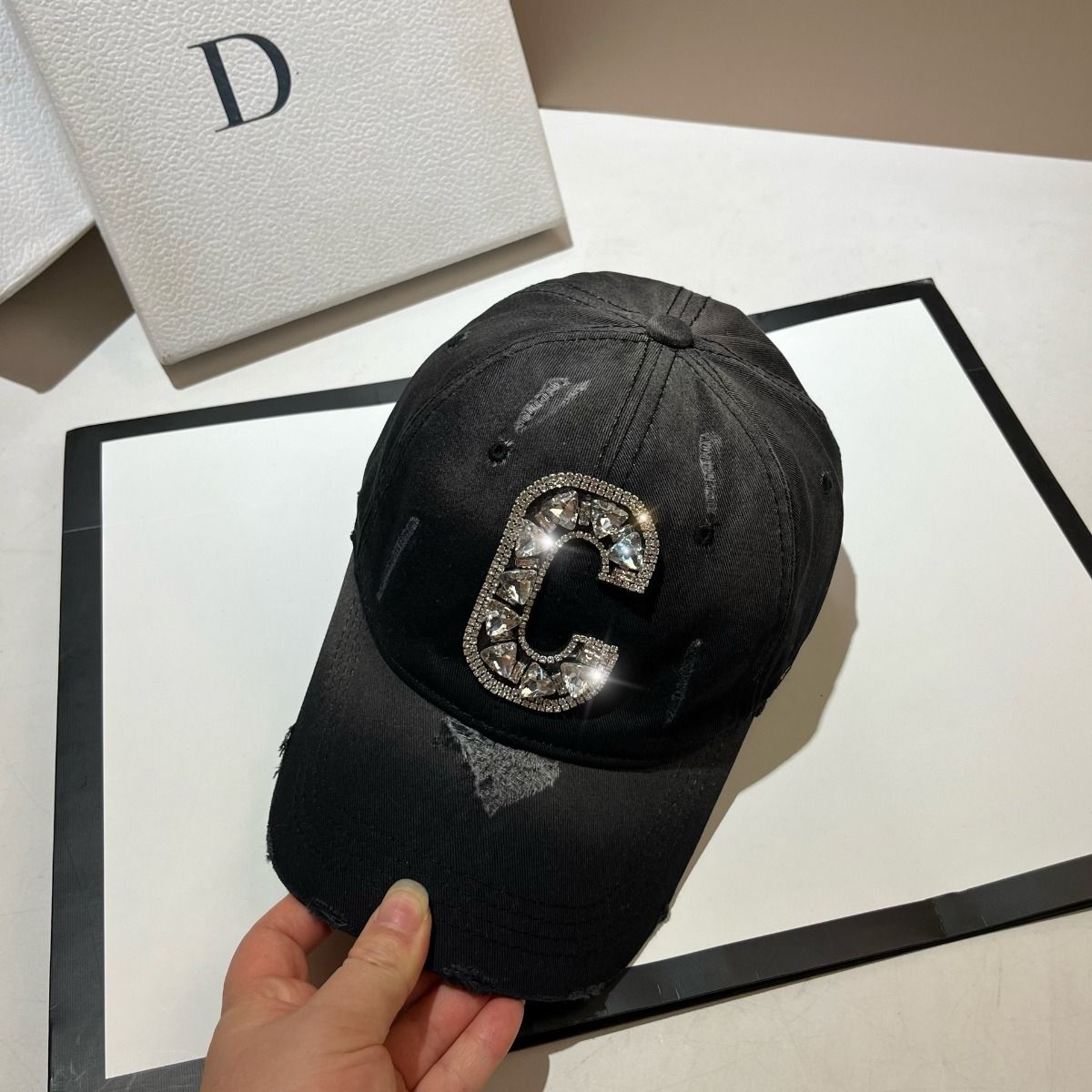 Luxury Rhinestone "C" Letter Cap in Black