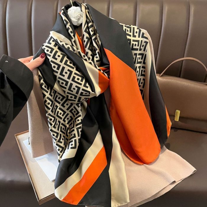 F Pattern Satin Scarf in Orange and Cream