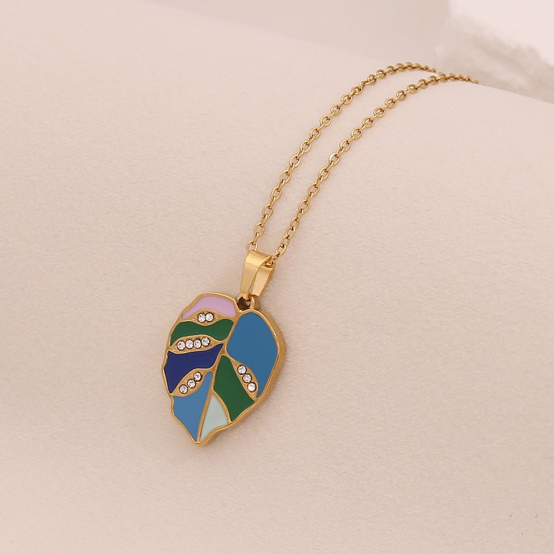 Gold Tone Enamel Leaf Pendant Necklace
