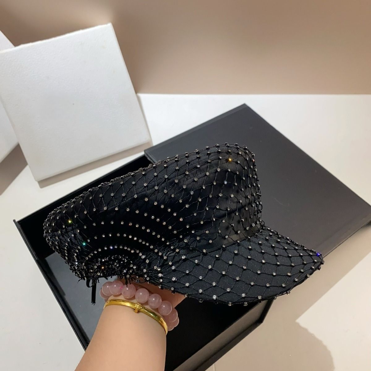 Elegant Black Crystals Mesh Cap in Black