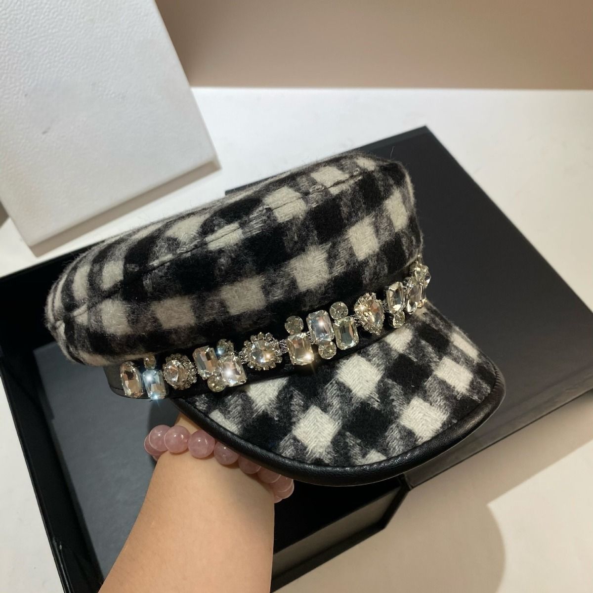 Chic Black and White Checks Winter Cap with Jewells Details
