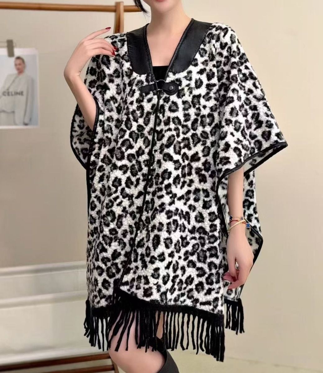 Leopard Print Poncho with Tassels