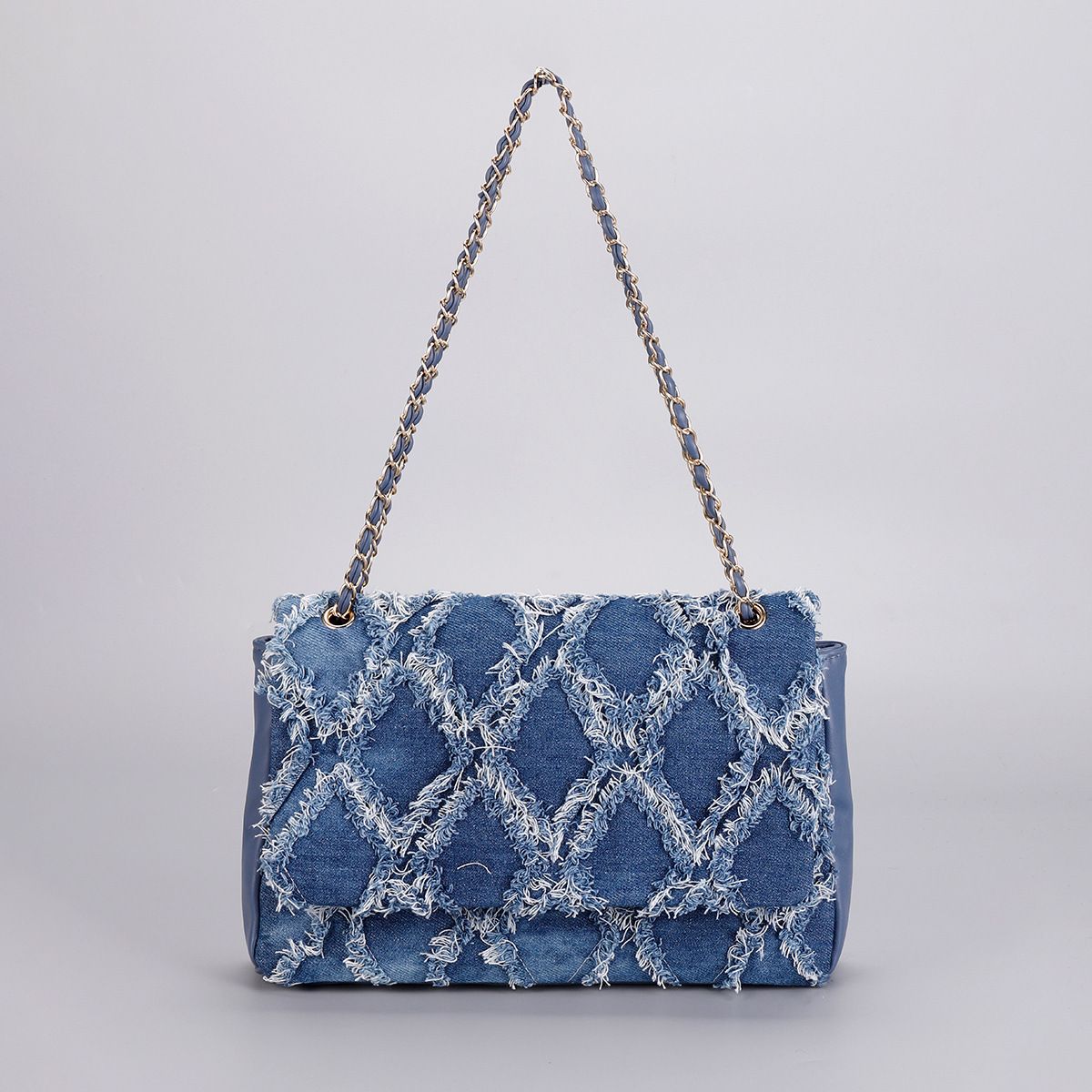 Elegant Denim Chain Strap Handbag in Blue