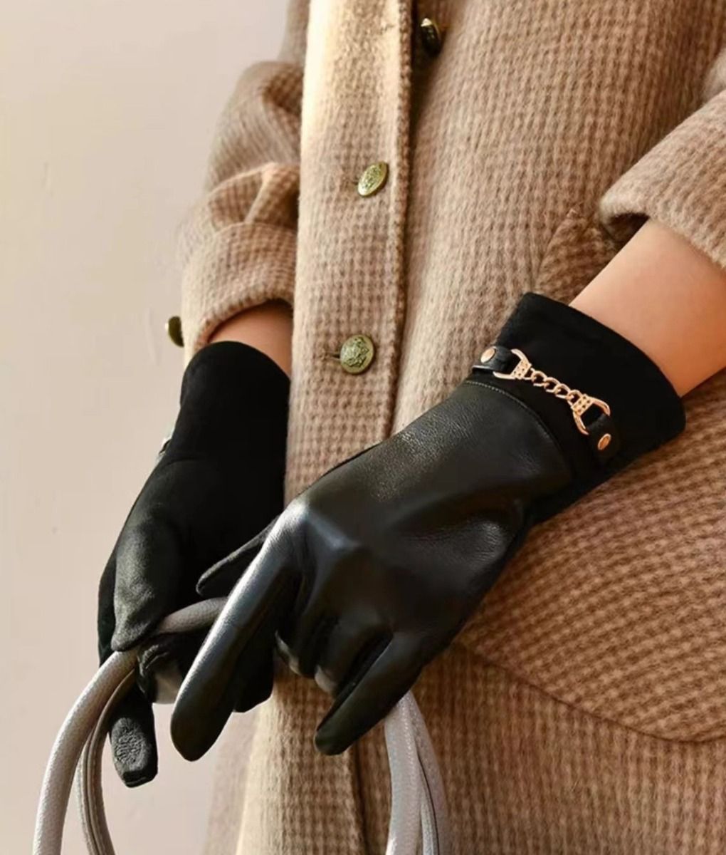 Gold Chain Detail Faux Leather Gloves