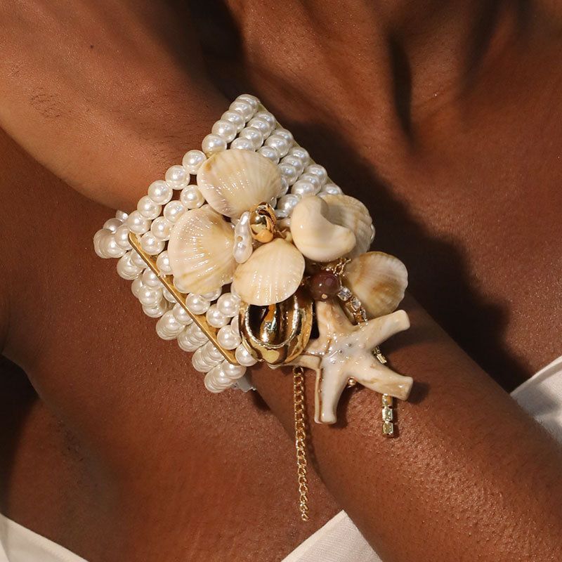 Pearl and Seashell Statement Cuff Bracelet in Cream