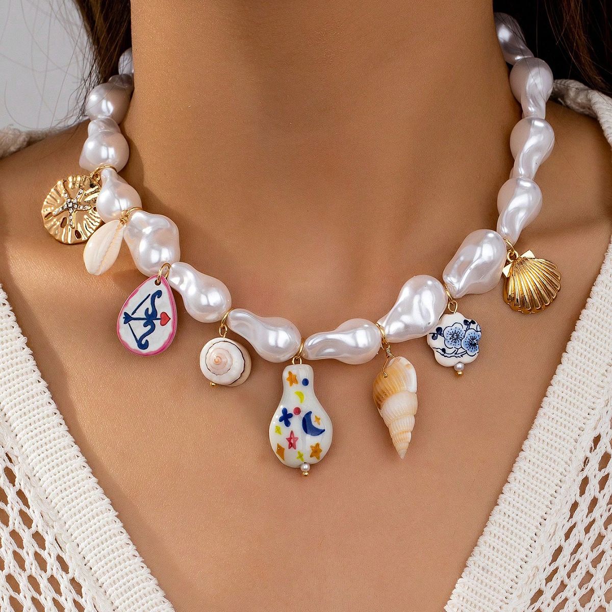Irregular Pearlies and Seashell Charm Necklace in Ivory