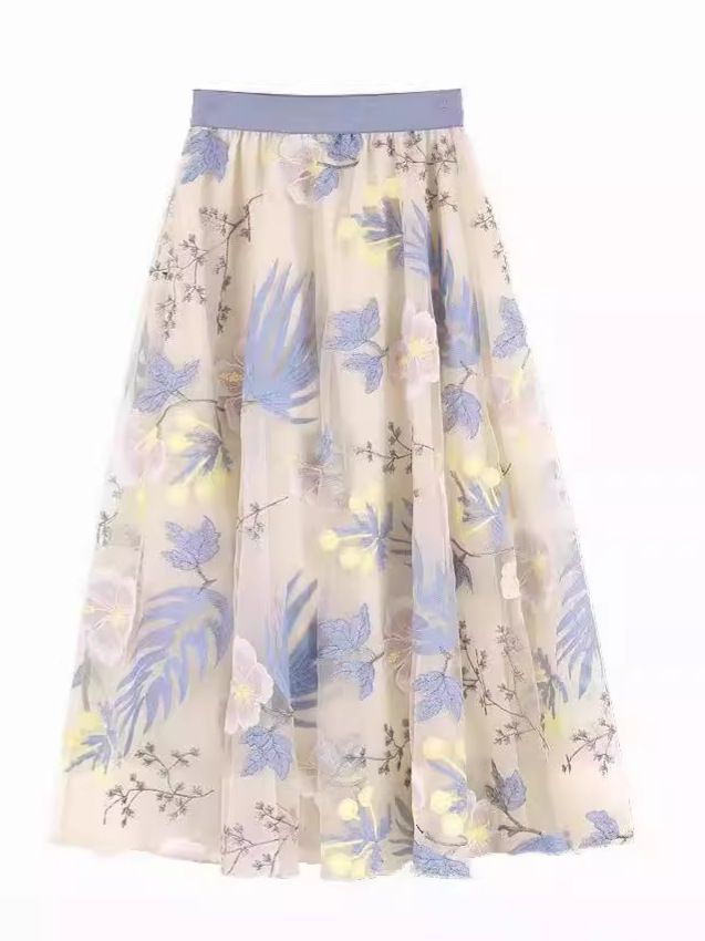 Delicate Bloom Embroidered Midi Skirt in Cream