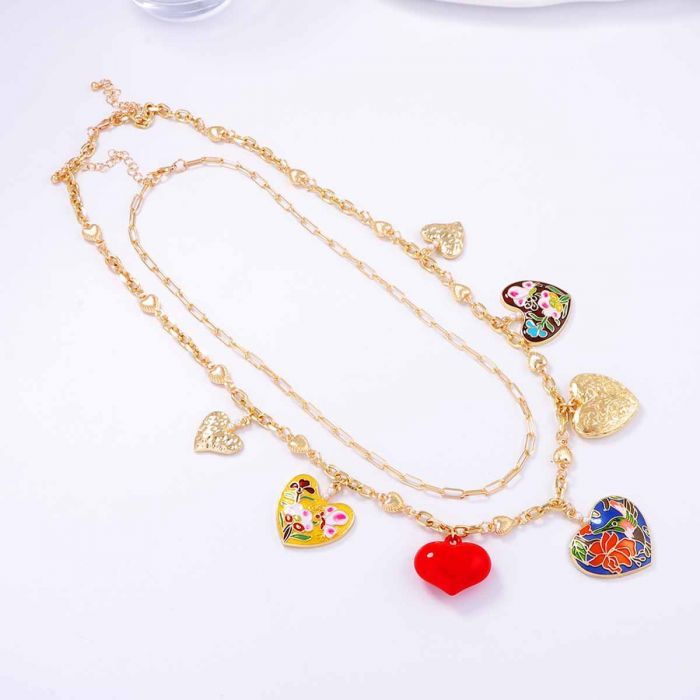 Large Heart Charm Double Layer Necklace in Gold