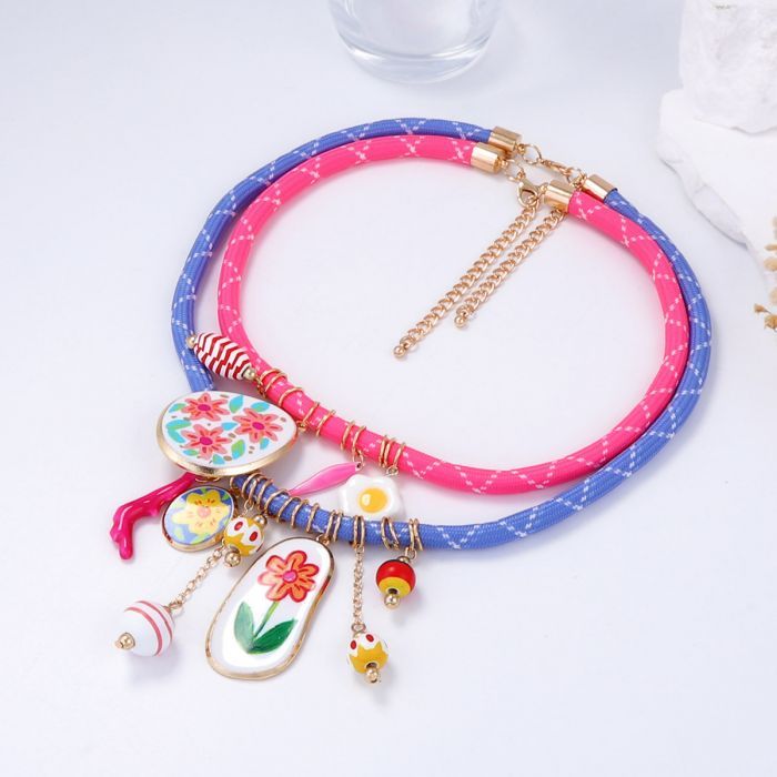 Pink and Blue Double Layer Necklace Enamel Floral Charms