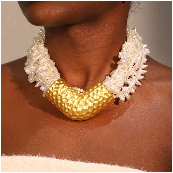 Multi-Strand Faux Pearl and Gold Collar Necklace