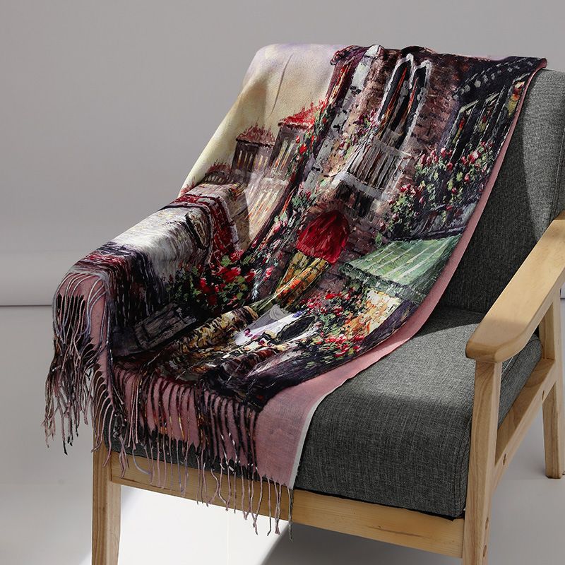 Luxurious Art Print Woll Scarf in Wine