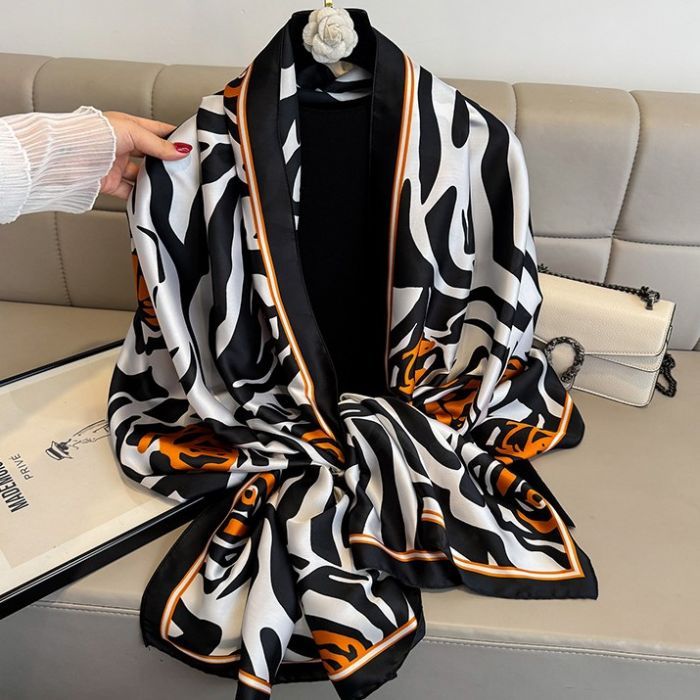 Elegant Zebra Print and Orange Floral Satin Feel Scarf