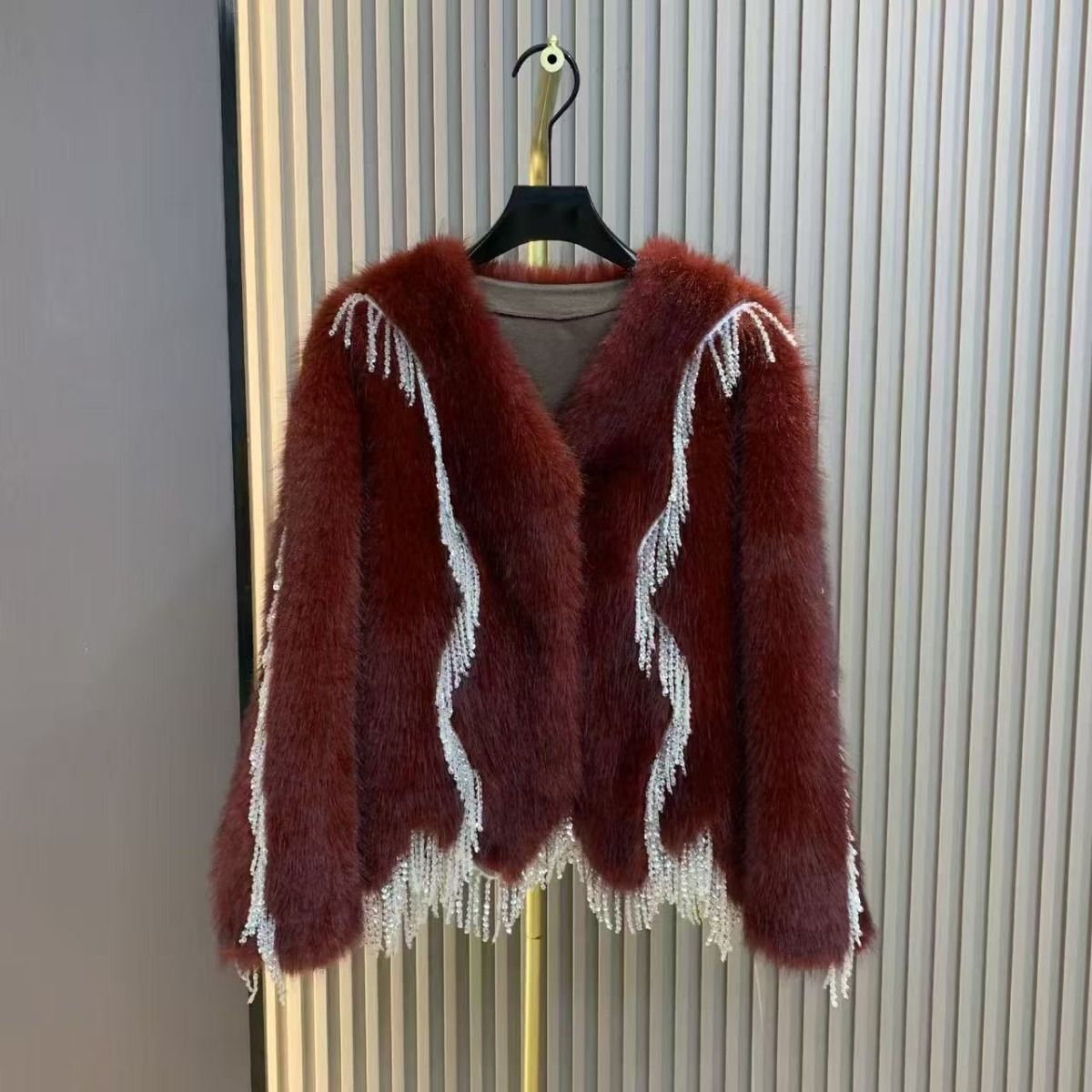 Faux Fur Coat with Beaded Fringe Tassels