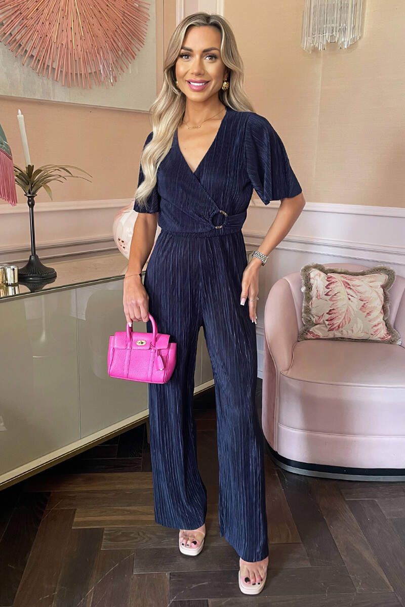 Wrap Top Short Sleeve Plisse Jumpsuit