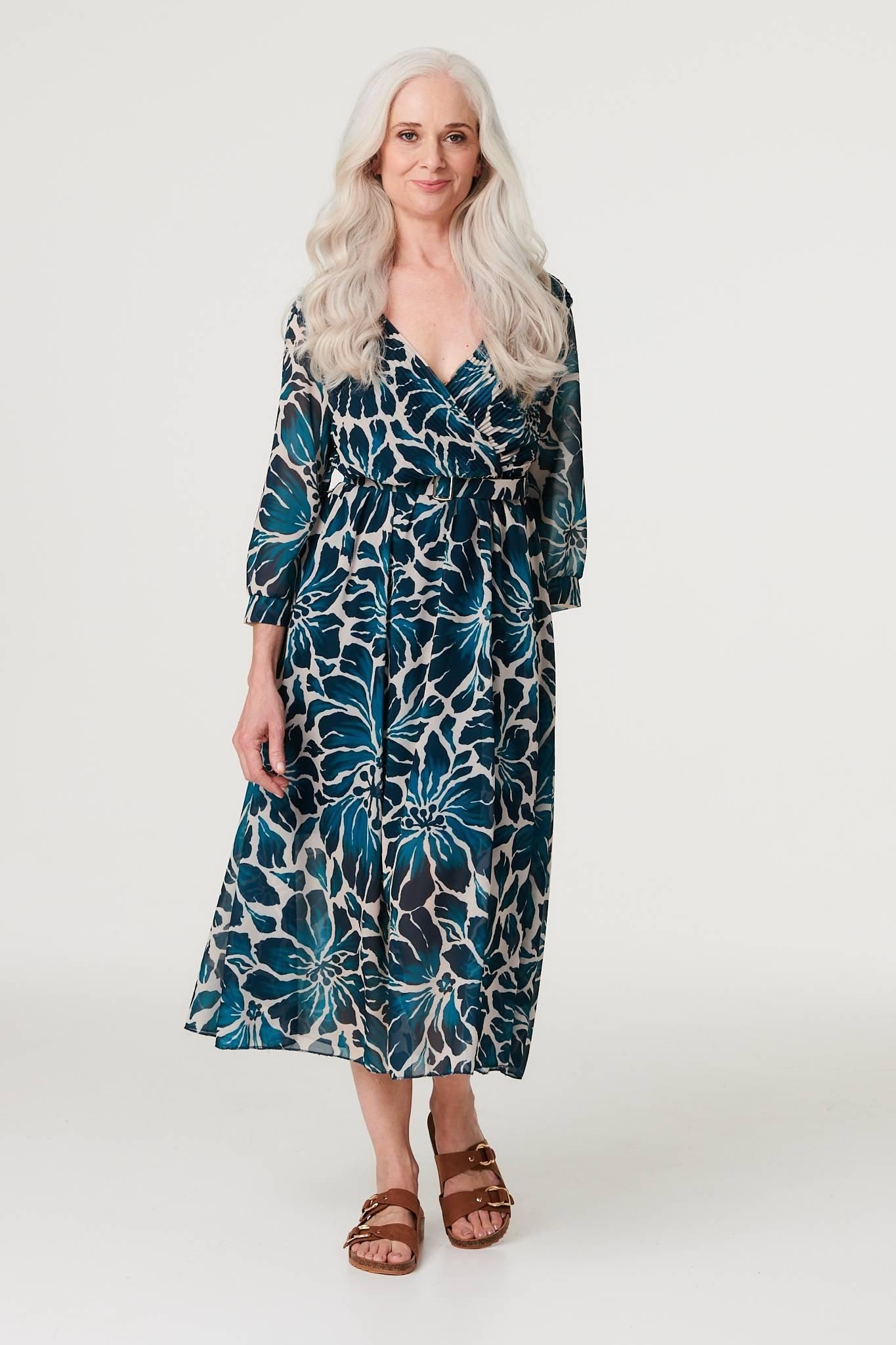 Floral Semi Sheer V-Neck Midi Dress