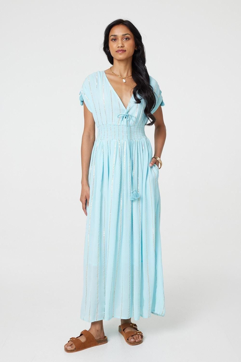 Blue Striped Cap Sleeve Empire Maxi Dress