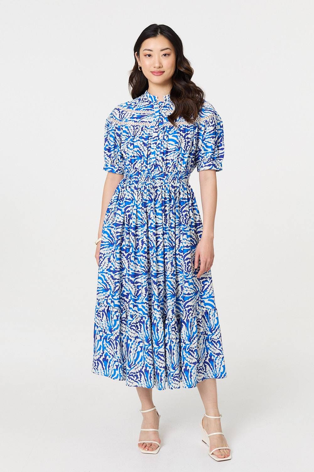 Leaf Print 1/2 Sleeve Midi Shirt Dress