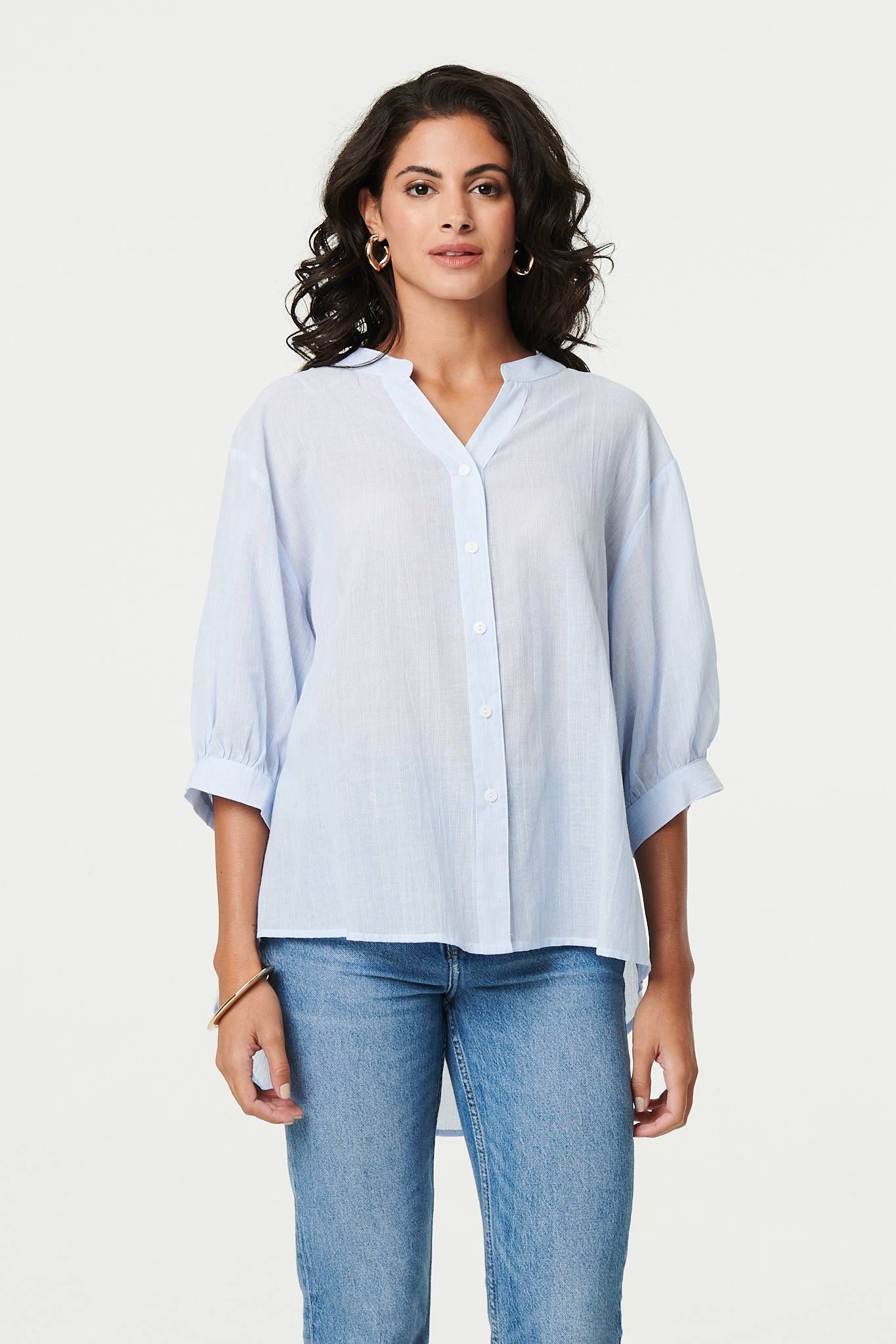 3/4 Sleeve Collarless Curve Hem Shirt