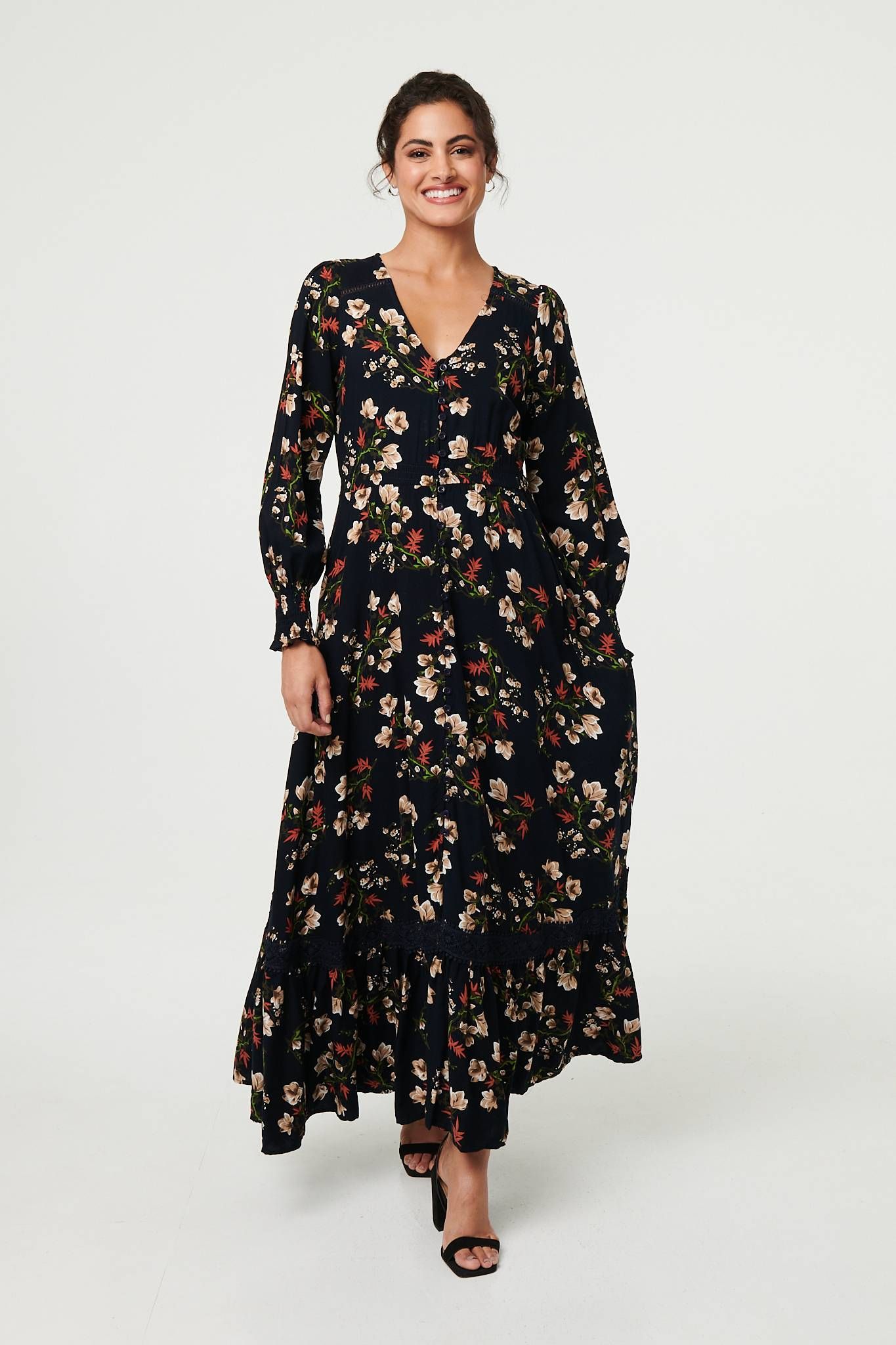 Floral Long Sleeve Lace Trim Maxi Dress