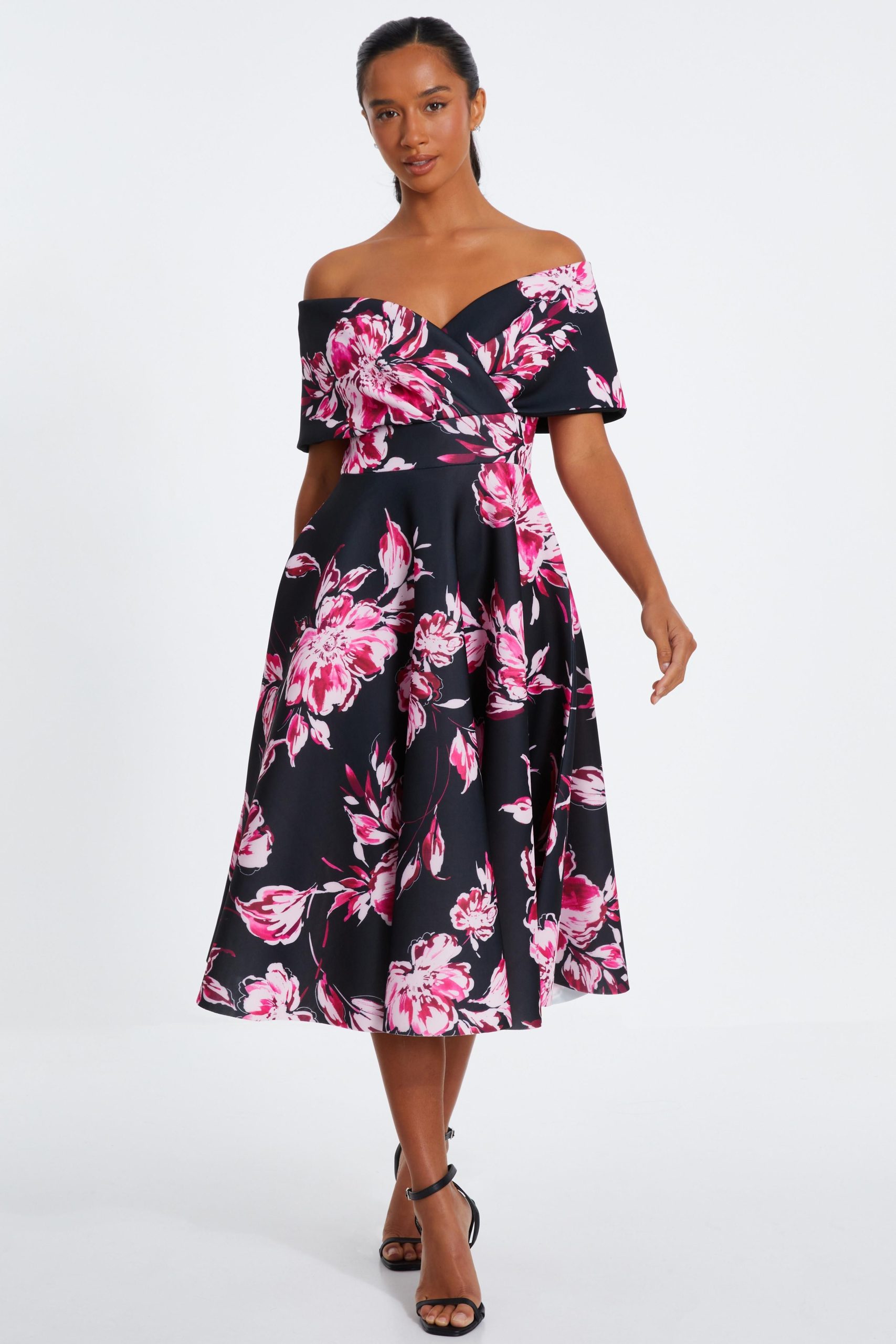 Black Petite Floral Bardot Skater Midi Dress