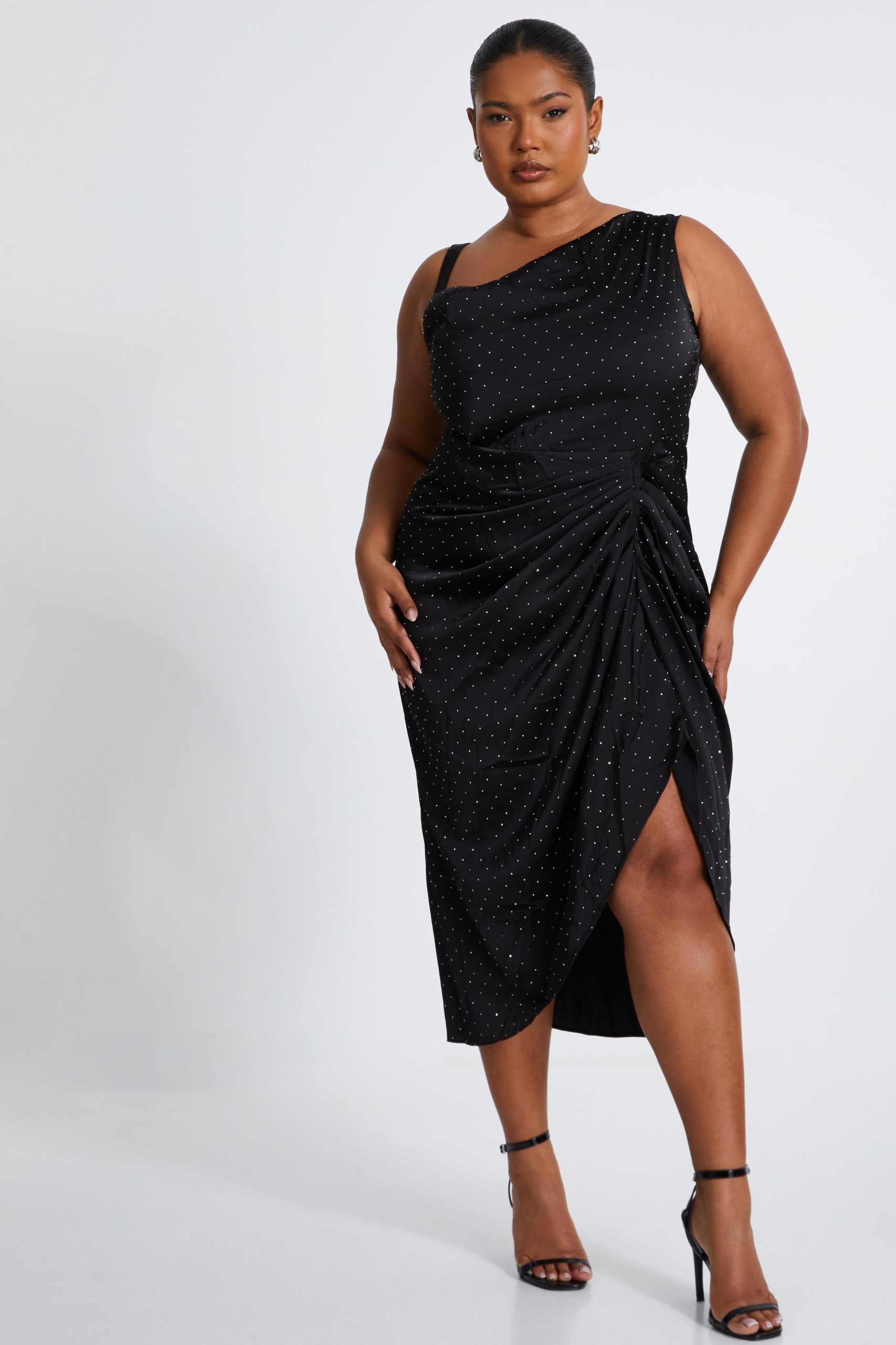 Black Curve Diamante Satin Midi Dress