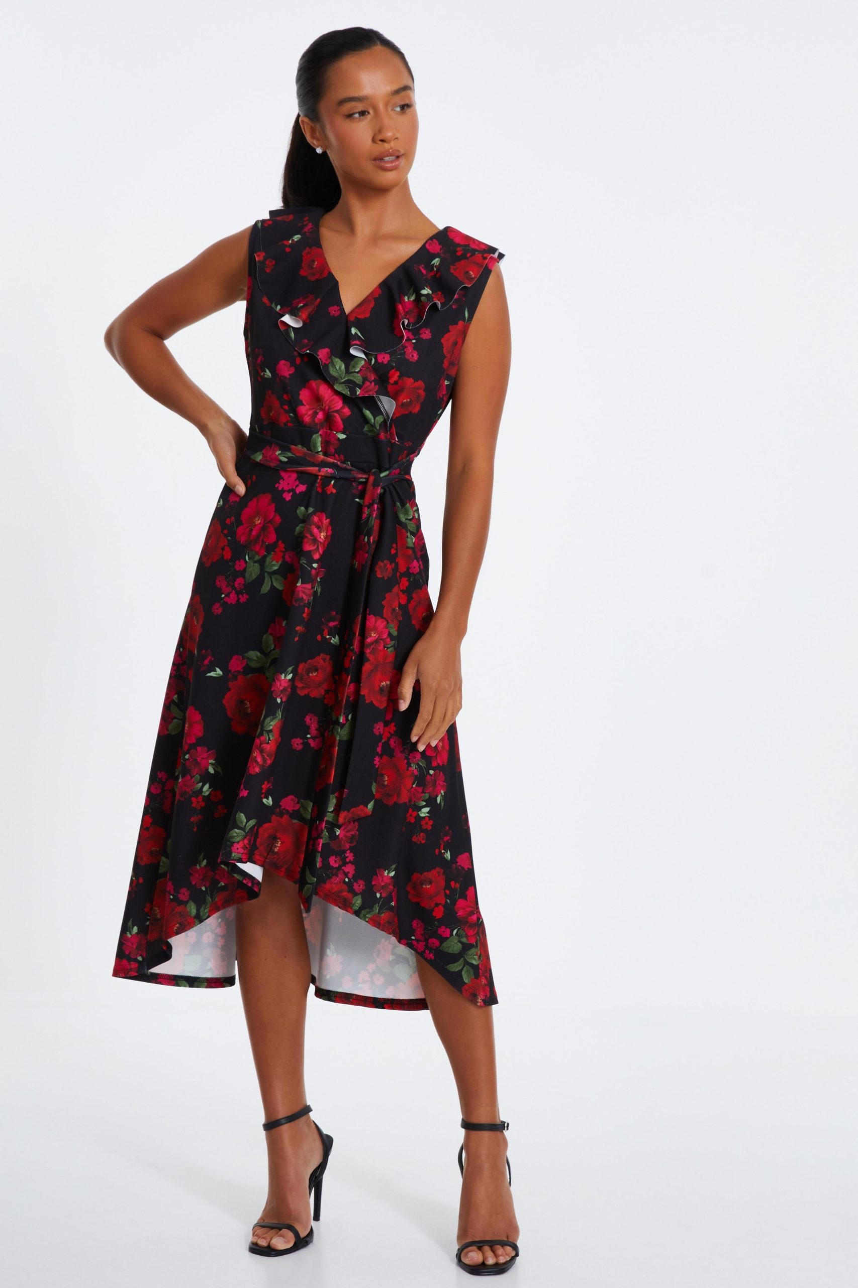Black Petite Floral Dip Hem Midi Dress
