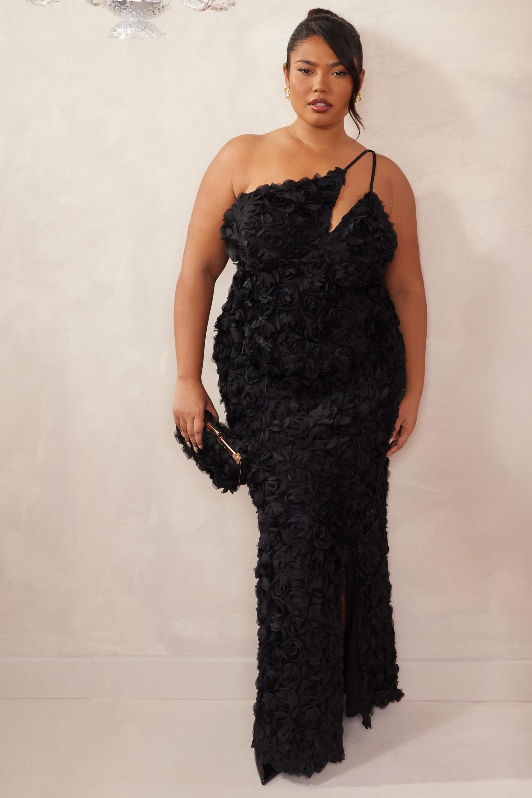 Black Curve One Shoulder Floral Maxi Dress