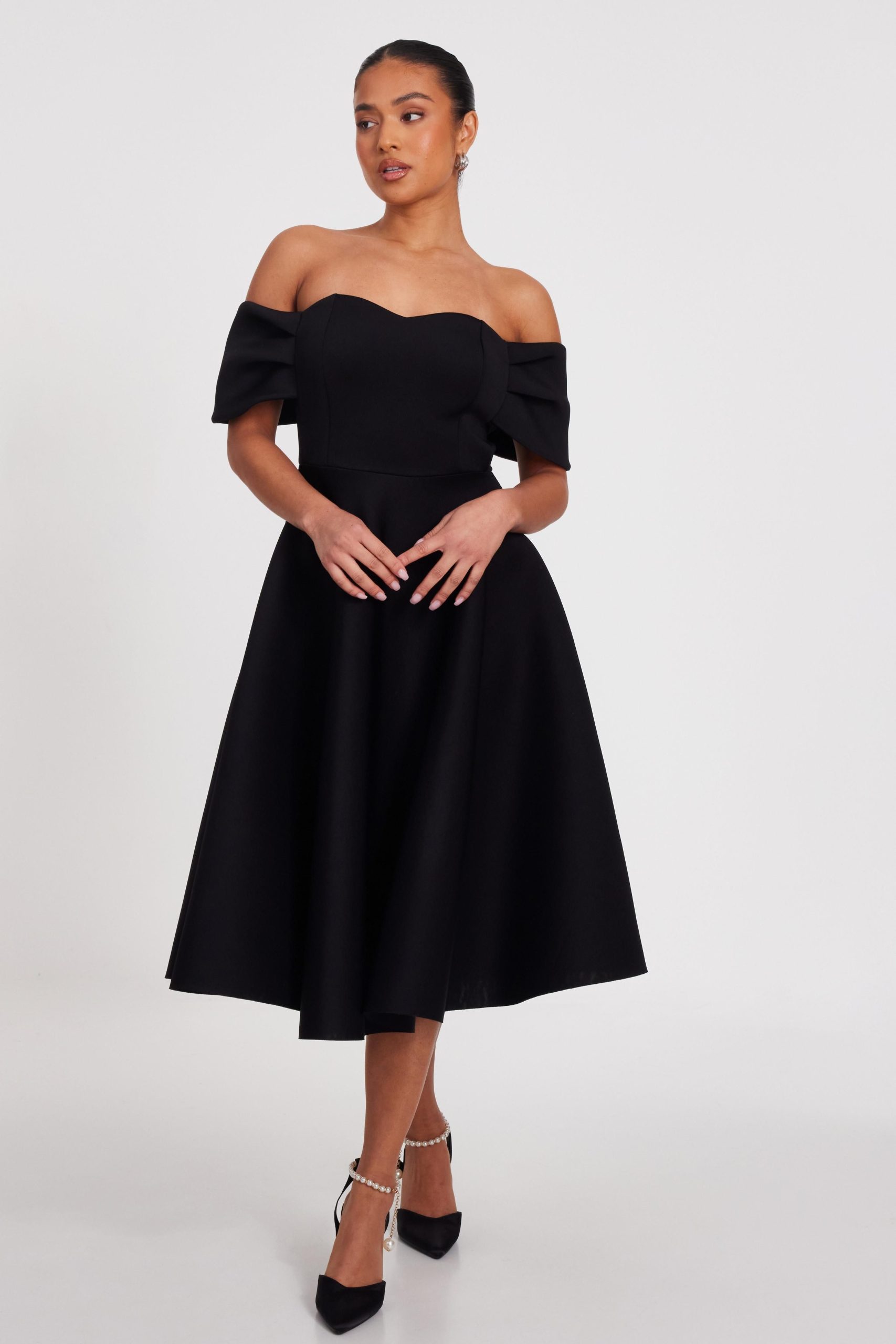 Black Petite Bardot Midi Skater Dress