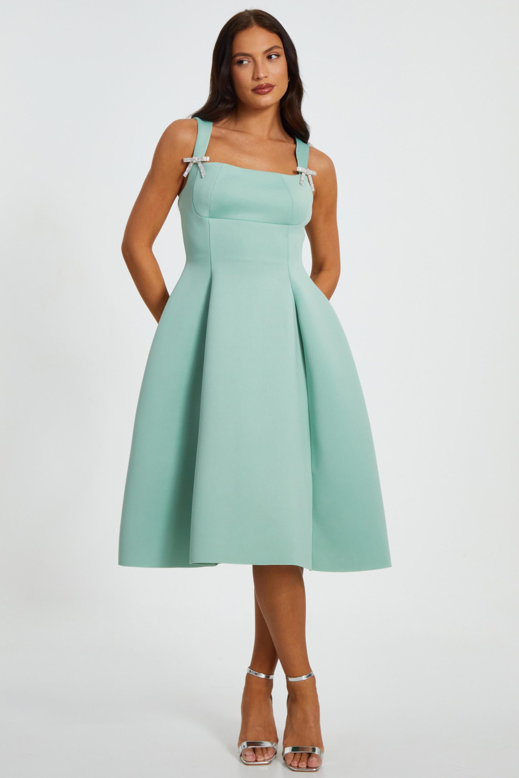 Light Green Diamante Bow Midi Dress