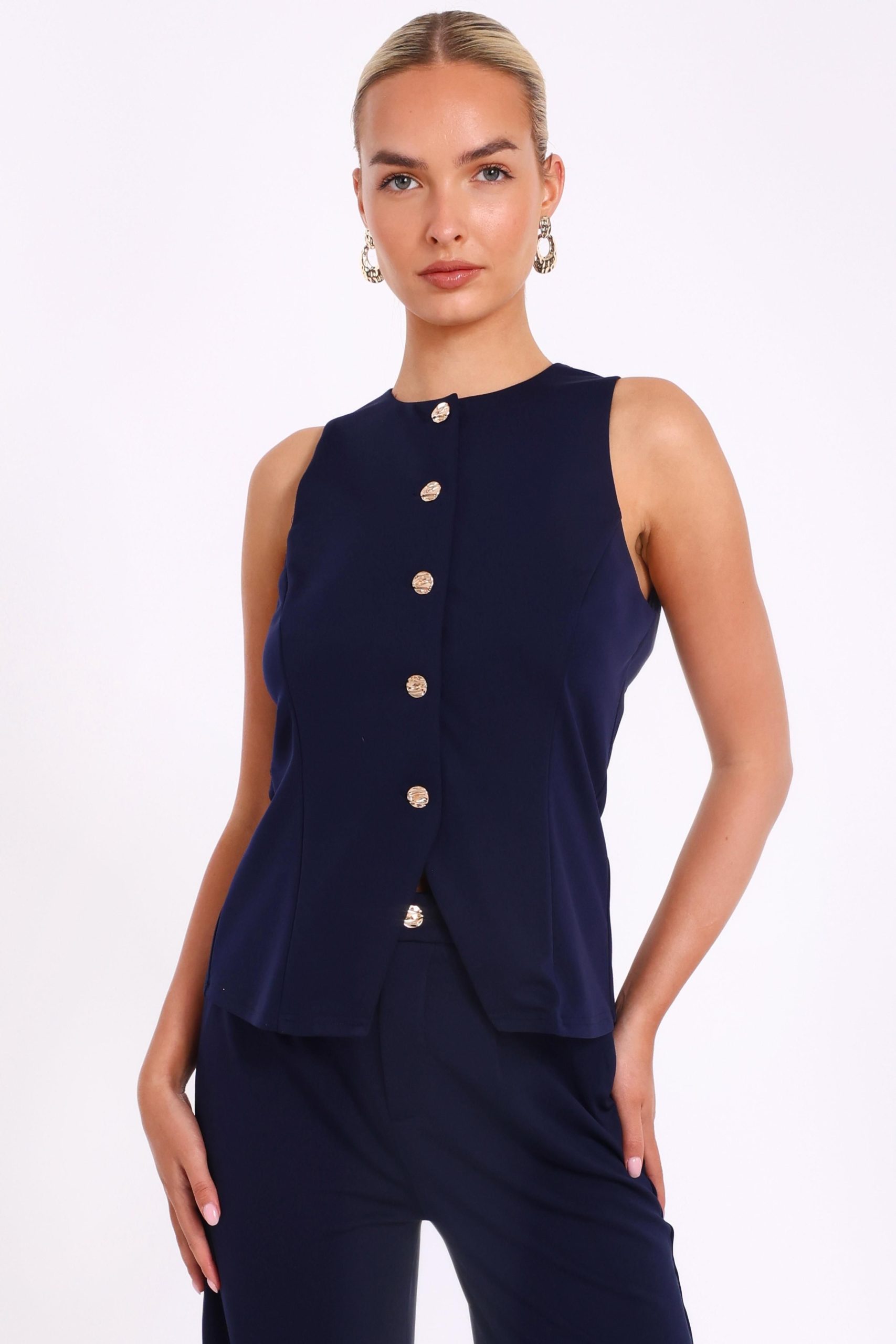 Navy Button Front Waistcoat