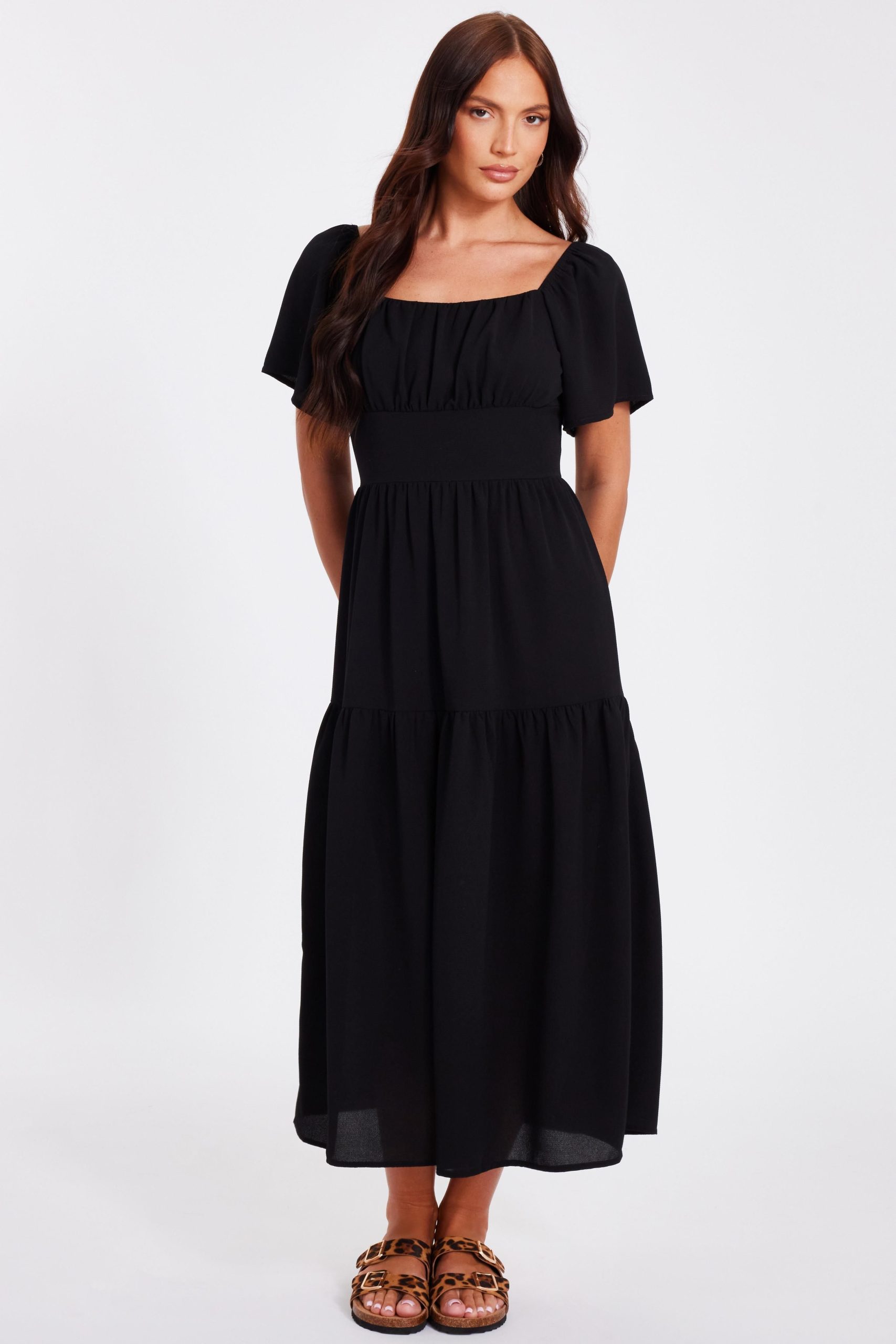 Black Short Sleeve Midaxi Dress