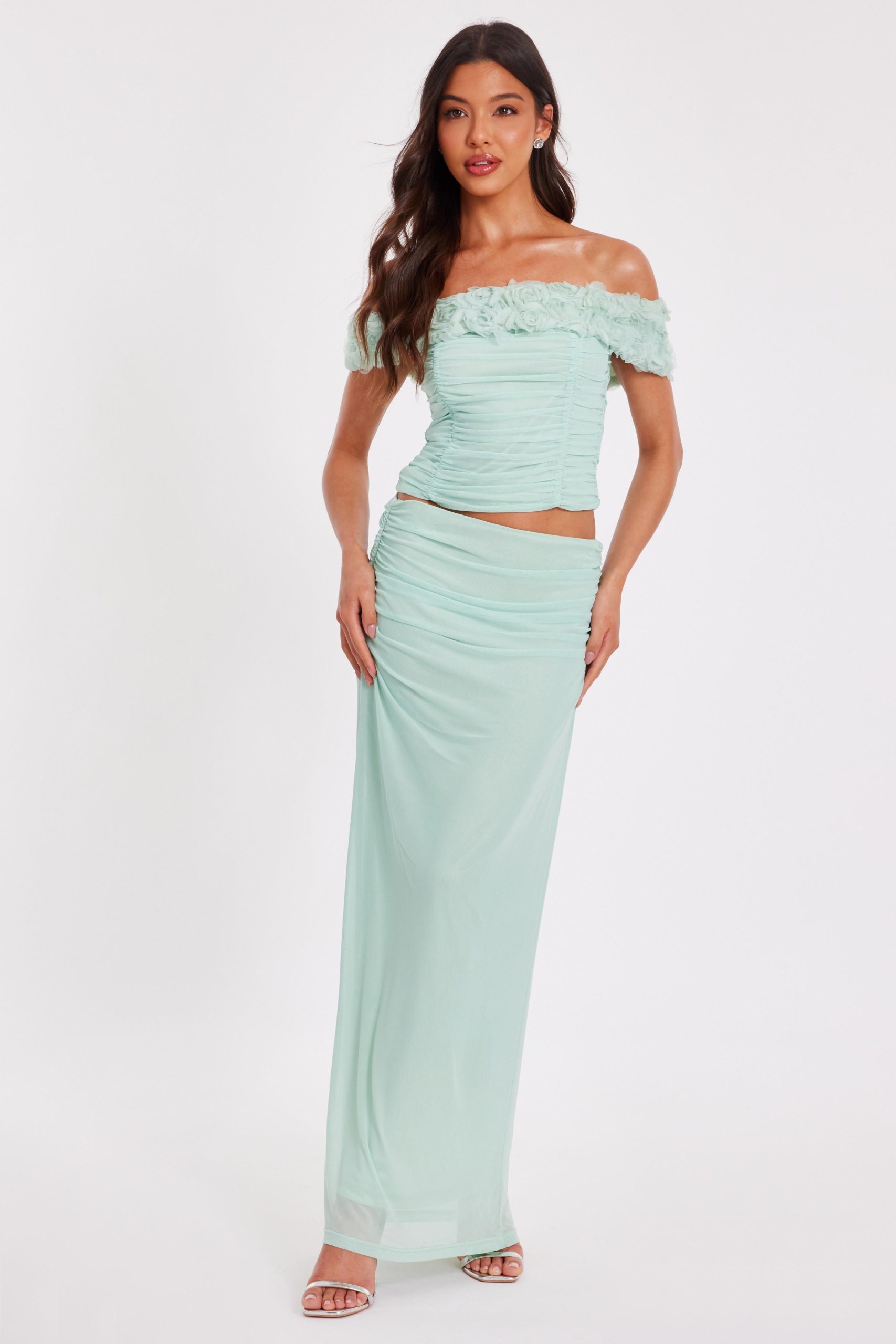 Light Green Mesh Ruched Midaxi Skirt