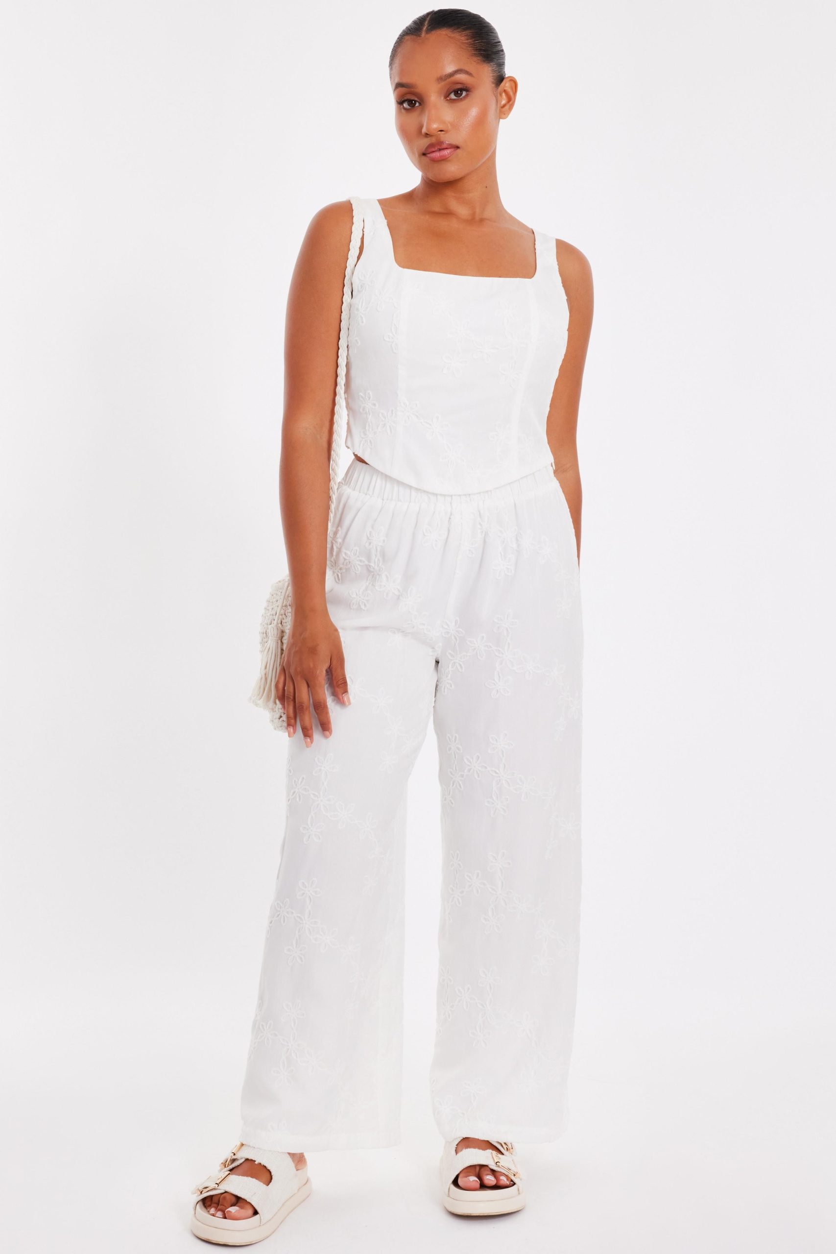 White Petite Embroidered Trousers
